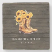 Sunflowers Cowboy Boots Barn Wood Western Wedding Stone Coaster