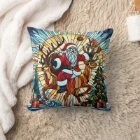 Santa riding reindeer among festive decorated tree throw pillow