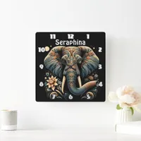 Colorful elephant with floral designs square wall clock