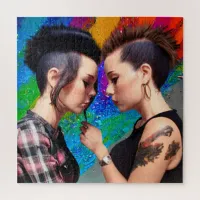 Cute Lesbian Couple Rainbow Art Jigsaw Puzzle