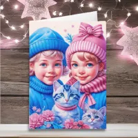 Vintage Children and Kittens Christmas Card