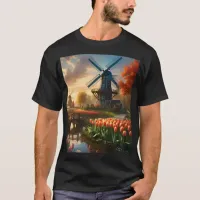 Windmill in Dutch Countryside by River with Tulips T-Shirt