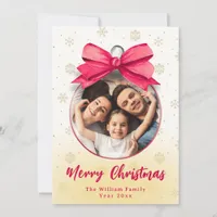 Cute Red Bow Photo Ornament Christmas Family Name Holiday Card