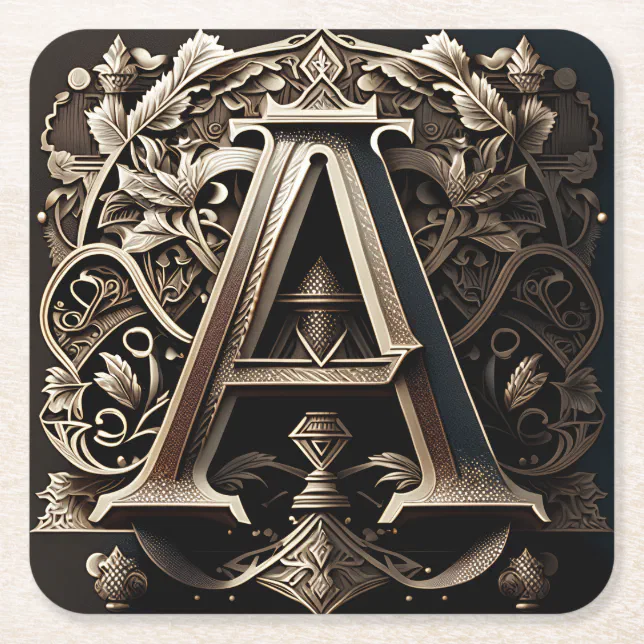 Medieval Ornamental Letter A  Square Paper Coaster