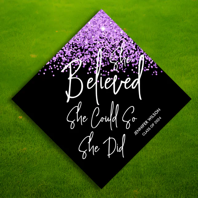 Black Glitter She Believed She Could Custom Name Graduation Cap Topper