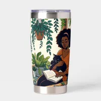 Woman Relaxing with her cat, book and plants Insulated Tumbler