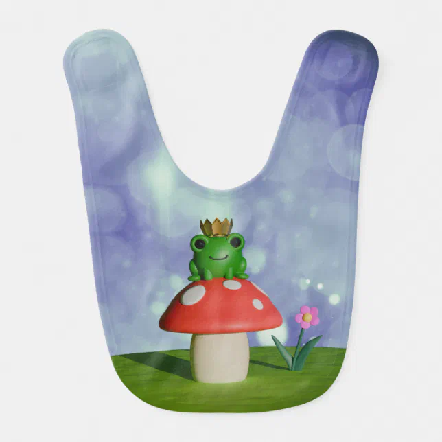 Cute Cartoon Frog Wearing a Crown on a Mushroom Baby Bib