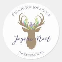 Boho French Christmas Joy Reindeer Typography Classic Round Sticker