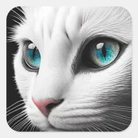 Albino White Cat Face Jewel Eyes Square Sticker