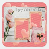 Valentine, Pink Roses, Heart Add Your Photos Square Sticker