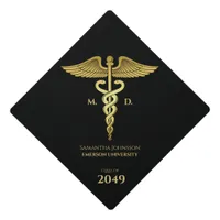 MD RN Doctor Nurse Simple Black Year Gold Caduceus Graduation Cap Topper