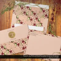 Peace and Joy, Pink and Gold Poinsettia Holiday Envelope