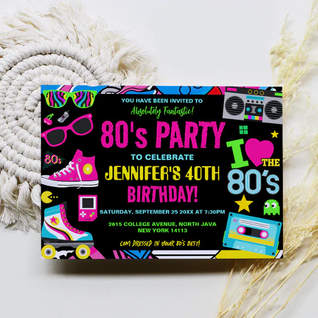 Custom Retro Neon 80's Birthday Party Invitation