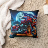 Motorcycle with American flag under a full moon Throw Pillow