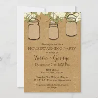 Burlap ivory roses Mason Jars housewarming Invite