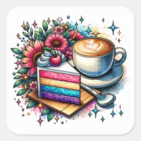 Flowers, Coffee and Rainbow Cake   Square Sticker