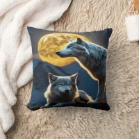 Moonlit Wolves on Mountain Ridge.  Throw Pillow