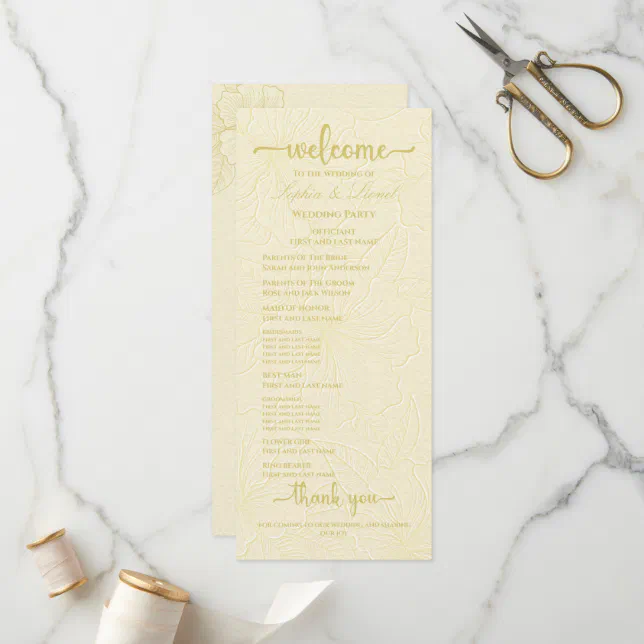 Elegant Minimalist Golden Flowers Wedding Program