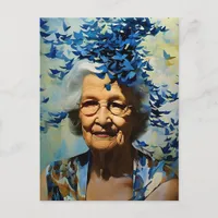 Elderly Woman and Blue Butterflies Postcard