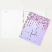 Glam Purple Glitter Drips Elegant Monogram Planner