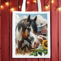 Pretty Pinto Brown and White Horse on Rustic Farm Grocery Bag