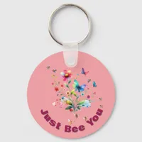 Simple Floral Watercolor Monogram Bee on pink  Keychain