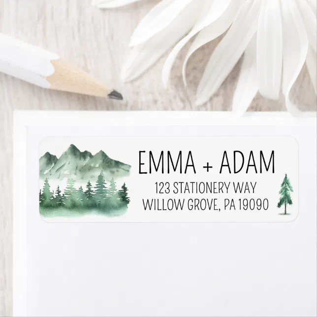 Rustic Mountain Watercolor Forest Tree Wedding Label