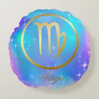 Zodiac Sign Virgo Gold on Colorful Background | Round Pillow