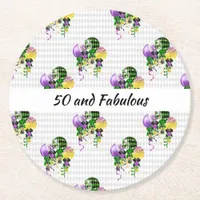 50 and Fabulous Mardi Gras Ballons Round Paper Coaster