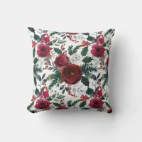 Burgundy Roses, Pine, Holly Christmas Floral Throw Pillow