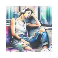 Woman Sleeping on the Subway Listening to Music Metal Print