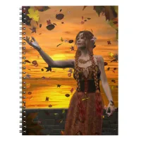 Elf in Falling Leaves Against an Autumn Sunset Notebook