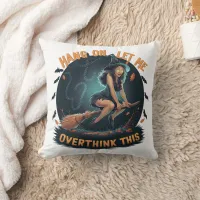 Witch flying with a broomstick on Halloween night Throw Pillow