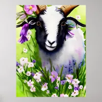 Spring Easter Goat Kid Floral Watercolor Poster