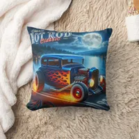 Classic hot rod cruising by the moonlit lake throw pillow