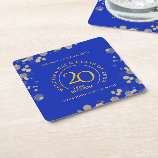 Blue & Gold School College Class Reunion Square Paper Coaster