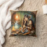 Native Woman With Tiger at Sunset Throw Pillow