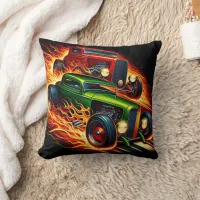 Classic hot rods racing through fiery trails throw pillow