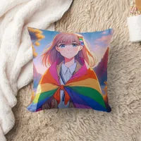 Anime Girl with LGBTQIA+ Cape  Throw Pillow