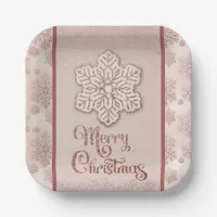 Merry Christmas Snowflakes Rose Gold Glitter Pink Paper Plates