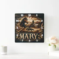 Rustic Farm Scene Featuring Horse and Barn Square Wall Clock