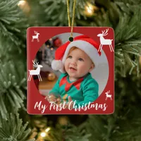 Red Modern Baby First Christmas Photo Ceramic Ornament