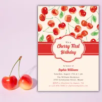 Watercolor Retro Red Cherry First 1st Birthday Invitation