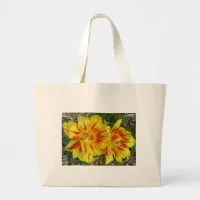 Yellow with Red Striped Flower Large Tote Bag