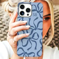 Dusty Blue Bow Monogram iPhone 16 Pro Max Case