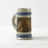 Circular Golden Dragon Portrait on Deep Blue Beer Stein