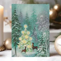 Vintage Watercolor Forest Deer Retro Christmas Holiday Card