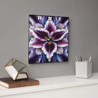 Vibrant Purple Lily on Dark Background Square Wall Clock