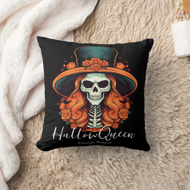 HallowQueen Skeleton Woman Halloween Throw Pillow