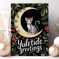 Yuletide Greetings Cat on Moon Christmas Holiday Card